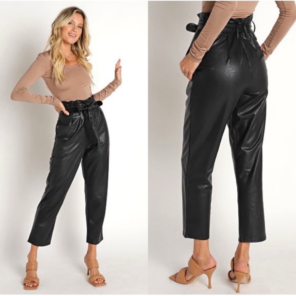 Commando Black High Waisted Trousers Paper Bag Waist Womens XS Metallic Belted